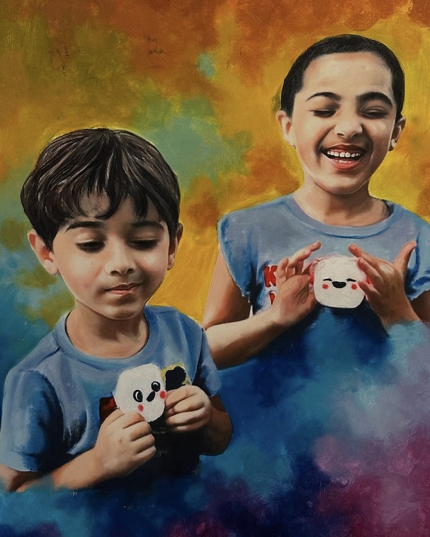 Hand-painted portrait of two children holding smiling cutouts